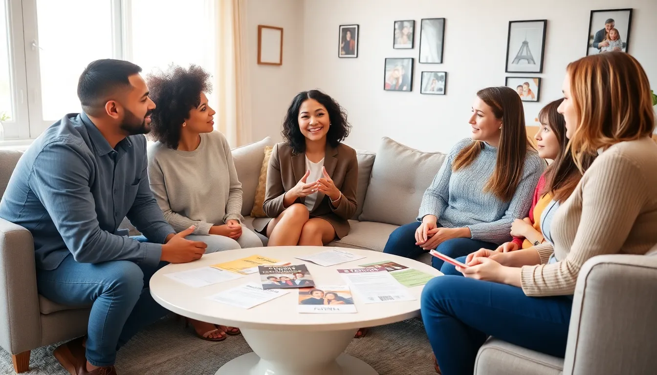 professional team discussing fostering in a cozy living room.